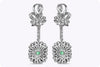 1.20 Carats Total Emerald Cut Green Emerald and Cluster Diamond Dangle Earrings in White Gold