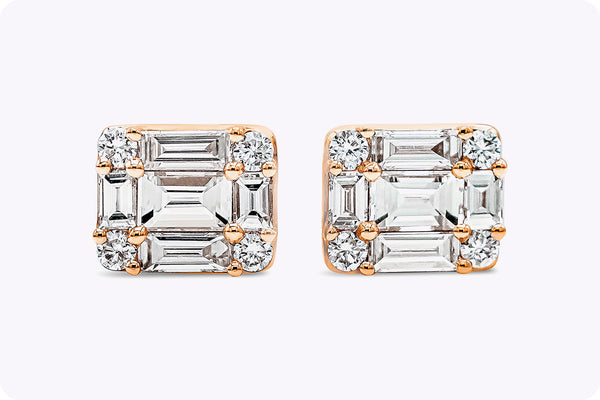 0.84 Carats Total Baguette and Round Cut Diamond Cluster Stud Earrings in Rose Gold