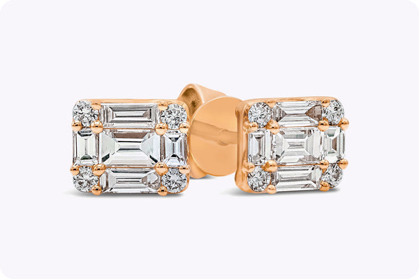 0.84 Carats Total Baguette and Round Cut Diamond Cluster Stud Earrings in Rose Gold