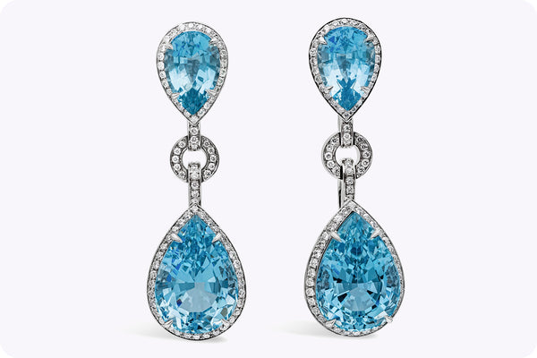 15.69 Carat Pear Shape Aquamarine and Diamond Halo Dangle Earrings in White Gold