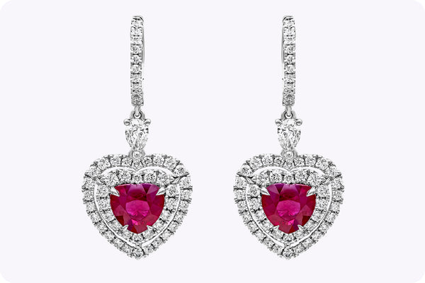 3.67 Carats Total Heart Shape Ruby and Diamond Halo Dangle Earrings in White Gold