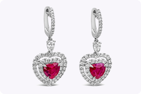 3.67 Carats Total Heart Shape Ruby and Diamond Halo Dangle Earrings in White Gold