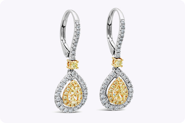 0.84 Carats Total Pear Shape Fancy Yellow Diamond Dangle Earrings in White Gold