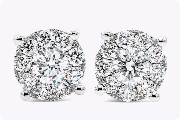 1.13 Carats Total Round Brilliant Diamond Cluster Illusion Stud Earrings in White Gold