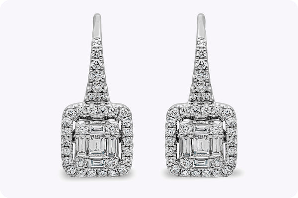 0.88 Carats Total Baguette and Round Cut Diamond Lever-Back Illusion Dangle Earrings in White Gold