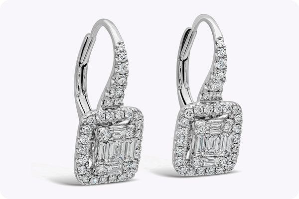 0.88 Carats Total Baguette and Round Cut Diamond Lever-Back Illusion Dangle Earrings in White Gold