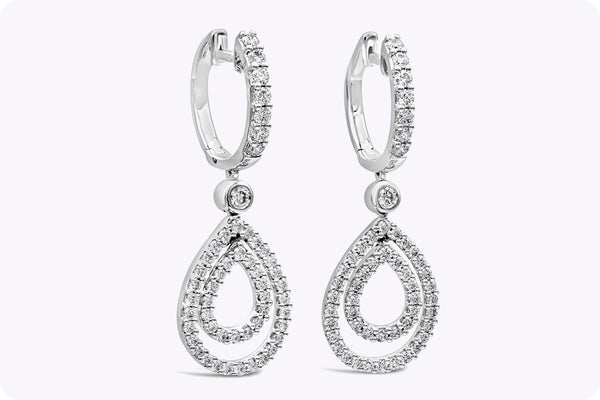 1.04 Carats Total Double Pear Shape Open-Work Halo Dangle Earrings in White Gold