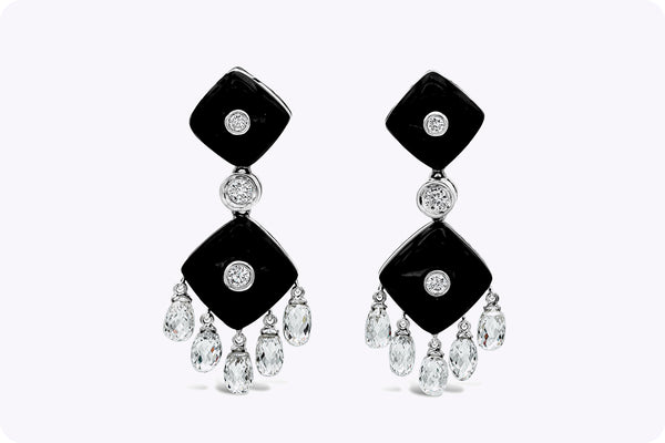 7.50 Carats Total Black Onyx & Briolette Diamond Fashion Earrings in White Gold