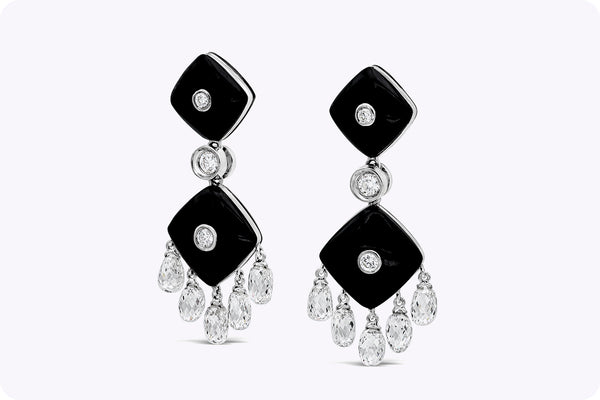 7.50 Carats Total Black Onyx & Briolette Diamond Fashion Earrings in White Gold