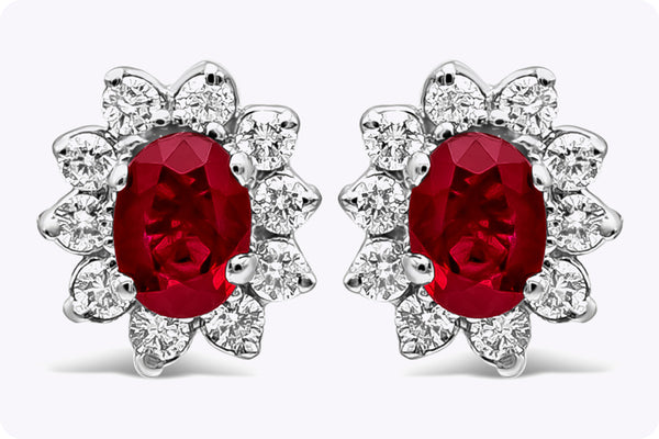 2.64 Carats Oval Cut Ruby with Diamond Halo Stud Earrings in White Gold