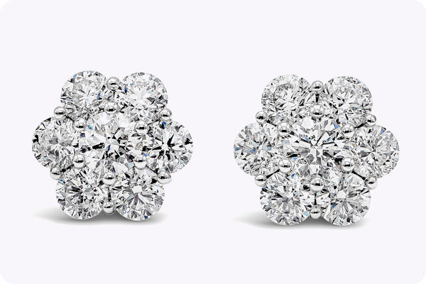 4.66 Carats Total Brilliant Round Shape Diamond Flower Stud Earrings in Platinum