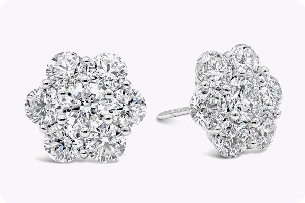 4.66 Carats Total Brilliant Round Shape Diamond Flower Stud Earrings in Platinum