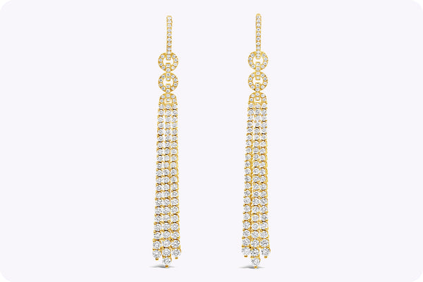 4.35 Carats Total Brilliant Round Diamond Three Strand Dangle Earrings in Yellow Gold