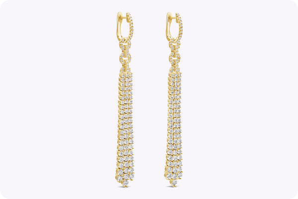 4.35 Carats Total Brilliant Round Diamond Three Strand Dangle Earrings in Yellow Gold