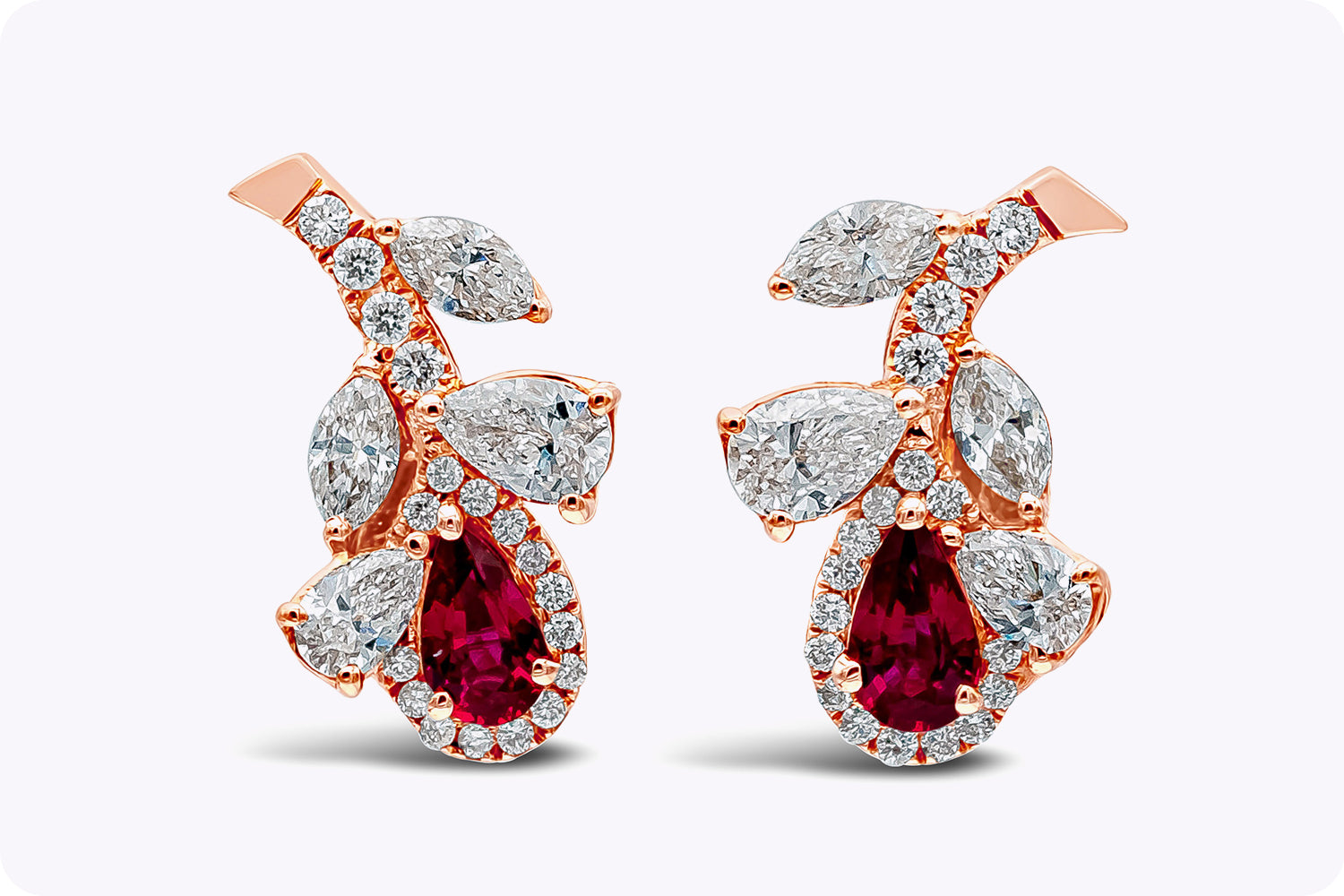 0.83 Carat Total Pear Shape Ruby & Diamond Flower Earrings in Rose Gold