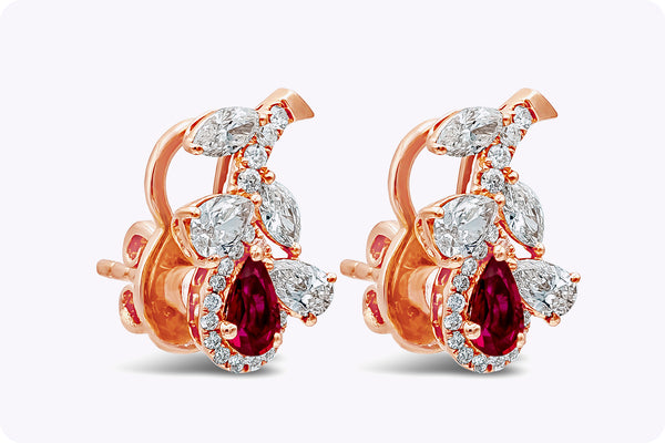 0.83 Carat Total Pear Shape Ruby & Diamond Flower Earrings in Rose Gold