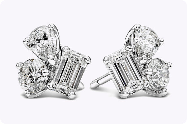 1.93 Carats Total Mixed Cut Diamond Three-Stone Stud Earrings in White Gold