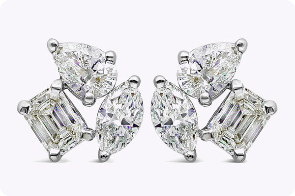 1.16 Carat Total Mixed Cut Diamond Three Stone Stud Earrings in White Gold