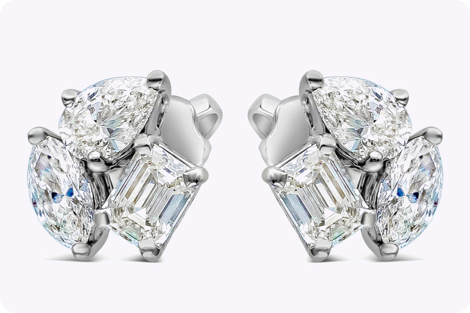 1.16 Carat Total Mixed Cut Diamond Three Stone Stud Earrings in White Gold