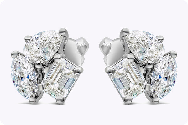 1.16 Carat Total Mixed Cut Diamond Three Stone Stud Earrings in White Gold