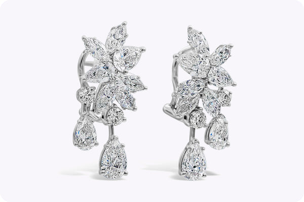 7.45 Carats Total Mixed Cut Diamond Dangle Cluster Drop Earrings in White Gold