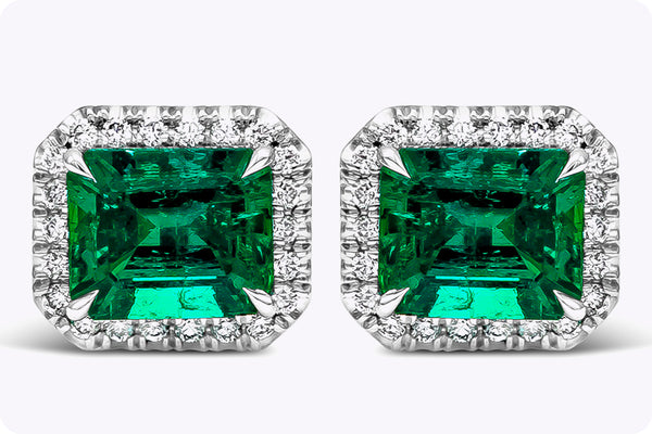 2.41 Carats Emerald Cut Colombian Muzo Emerald with Diamond Halo Stud Earrings in Platinum