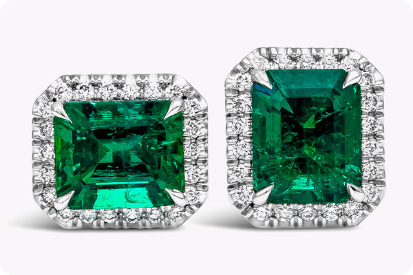 2.41 Carats Emerald Cut Colombian Muzo Emerald with Diamond Halo Stud Earrings in Platinum