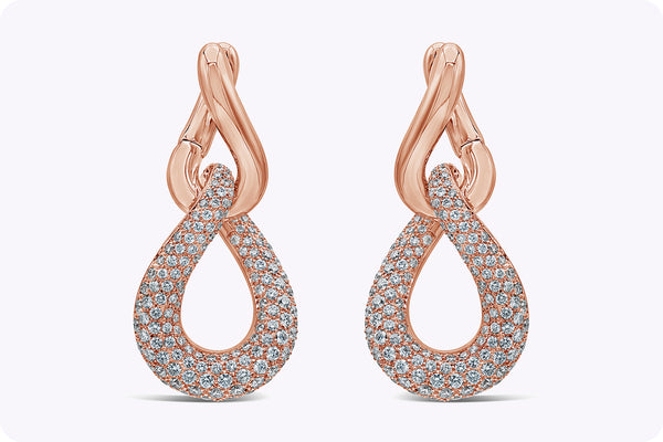 5.68 Carat Total Round Diamond Intertwined Drop Fashion Earrings in Rose Gold