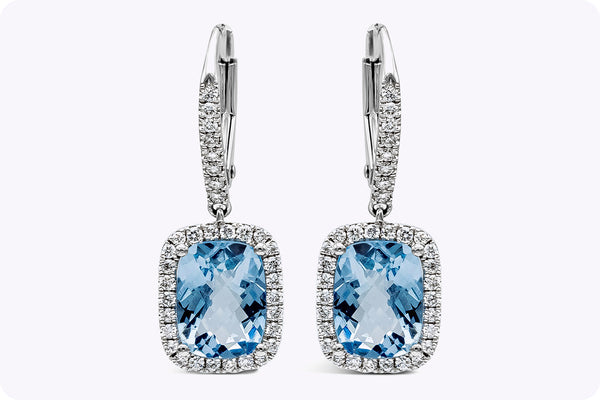 2.25 Carats Total Cushion Cut Aquamarine Dangle Earrings in White Gold