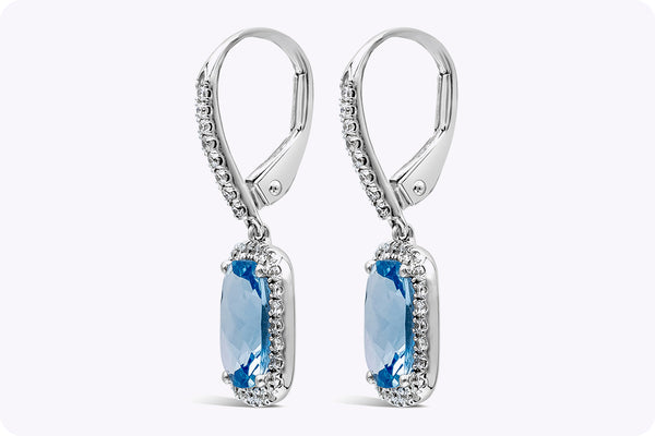 2.25 Carats Total Cushion Cut Aquamarine Dangle Earrings in White Gold