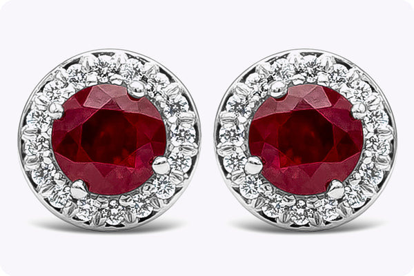 1.21 Carats Round Cut Ruby with Diamond Halo Stud Earrings in White Gold