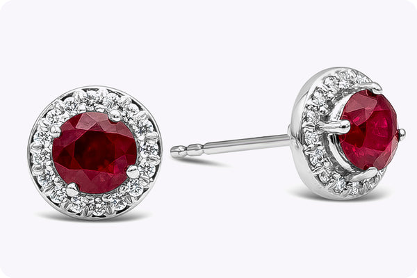 1.21 Carats Round Cut Ruby with Diamond Halo Stud Earrings in White Gold