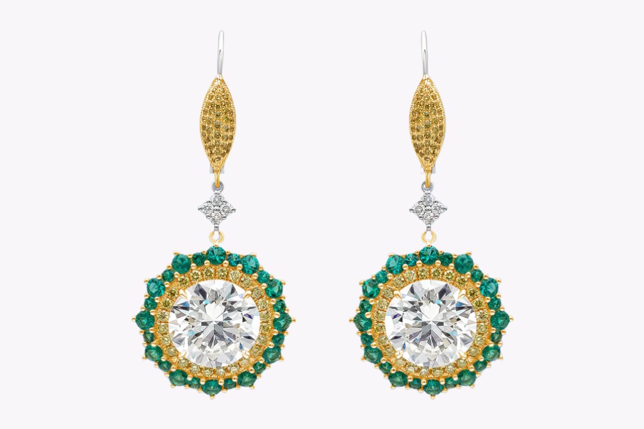 GIA Certified 20.41 Carats Total Round Brilliant Cut Diamond & Emerald Open-Work Dangle Drop Earrings