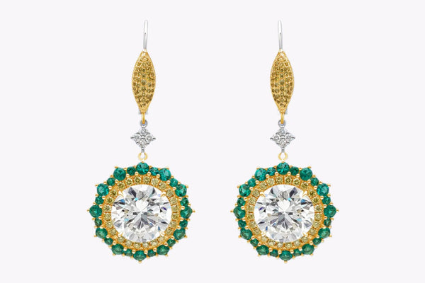 GIA Certified 20.41 Carats Total Round Brilliant Cut Diamond & Emerald Open-Work Dangle Drop Earrings