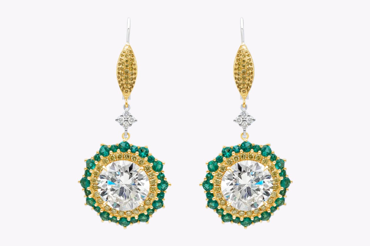 GIA Certified 20.41 Carats Total Round Brilliant Cut Diamond & Emerald Open-Work Dangle Drop Earrings