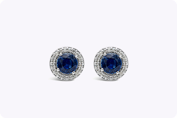 1.52 Carats Total Round Cut Blue Sapphire and Diamond Halo Stud Earrings in White Gold