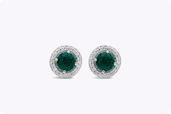 1.20 Carats Total Round Cut Green Emerald and Diamond Halo Stud Earrings in White Gold