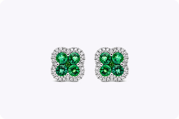 1.05 Carats Total Round Cut Colombian Green Emerald & Diamond Halo Stud Earrings in White Gold