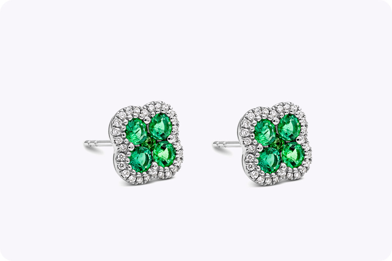 1.05 Carats Total Round Cut Colombian Green Emerald & Diamond Halo Stud Earrings in White Gold