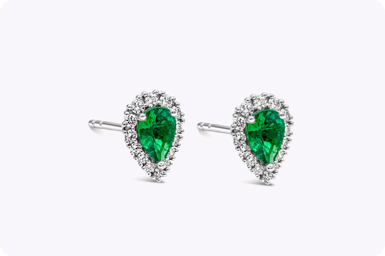 0.63 Carats Total Pear Shape Colombian Green Emerald & Round Diamond Halo Stud Earrings in White Gold