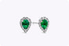 0.63 Carats Total Pear Shape Colombian Green Emerald & Round Diamond Halo Stud Earrings in White Gold