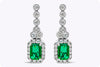 1.02 Carats Total Emerald Cut Emerald with Diamond Halo Dangle Earrings in White Gold