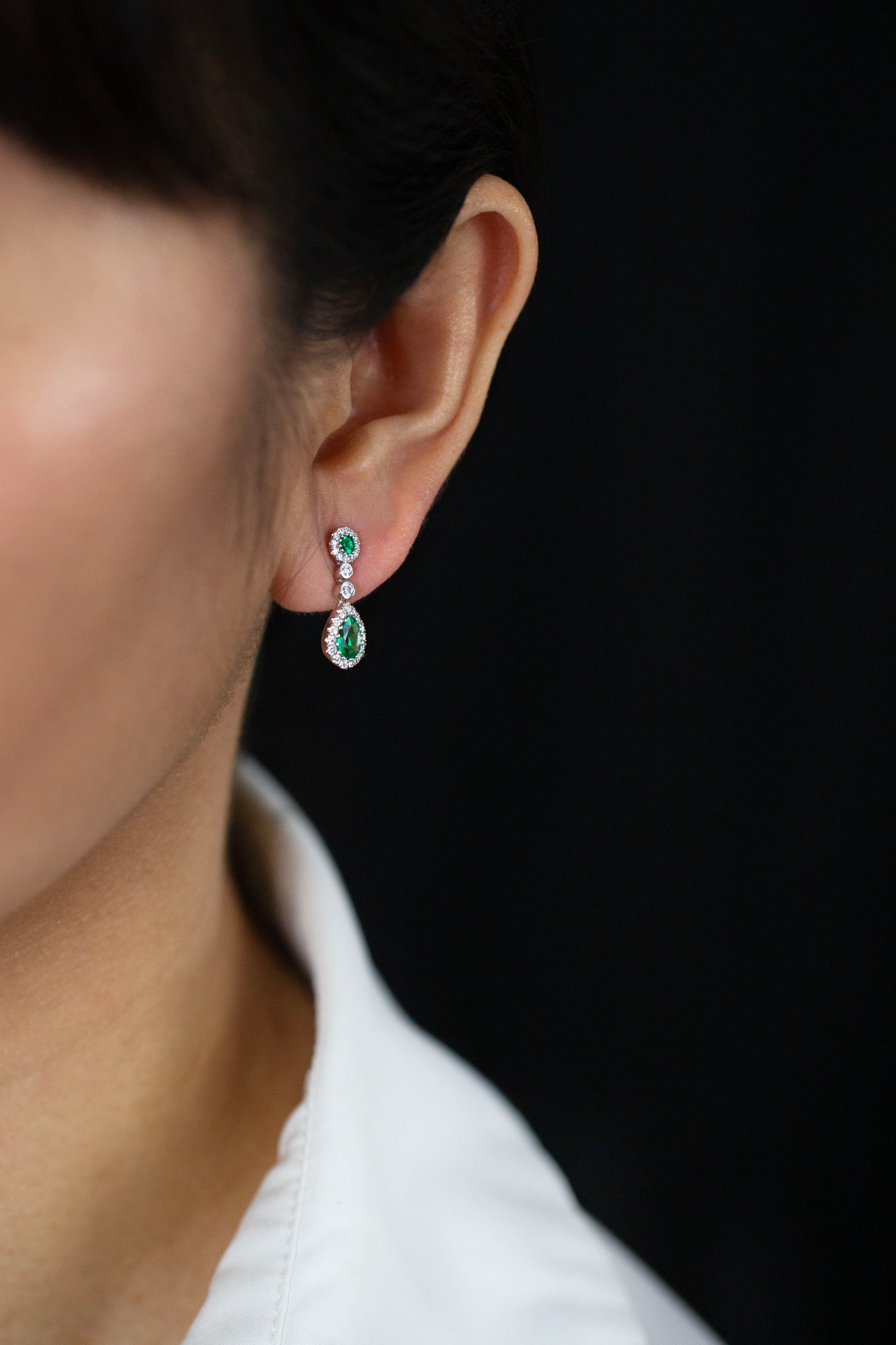 0.66 Carats Total Mixed Cut Colombian Emerald with Diamond Halo Dangle Earrings in White Gold