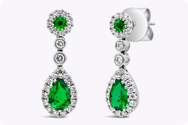 0.66 Carats Total Mixed Cut Colombian Emerald with Diamond Halo Dangle Earrings in White Gold