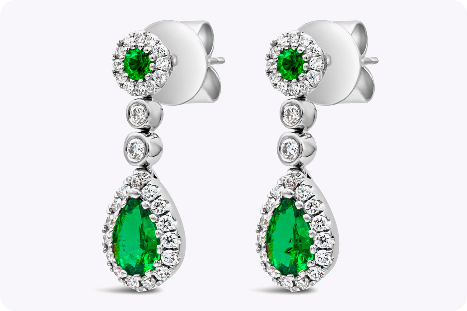 0.66 Carats Total Mixed Cut Colombian Emerald with Diamond Halo Dangle Earrings in White Gold