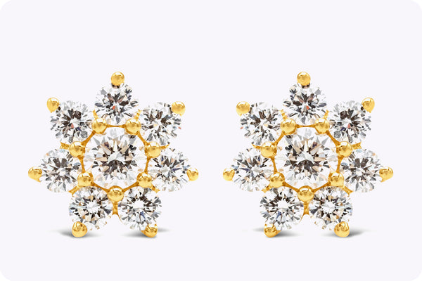 1.35 Carats Total Brilliant Round Shape Diamond Flower Stud Earrings in Yellow Gold