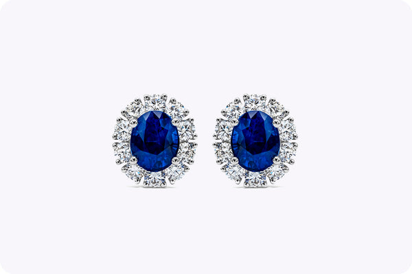 2.29 Carats Total Oval Cut Blue Sapphire & Diamond Stud Earrings in White Gold