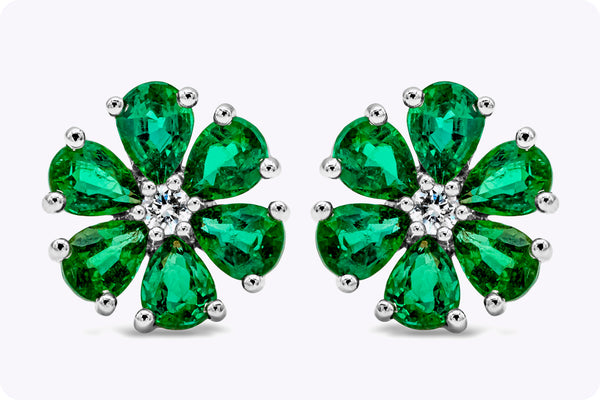 1.84 Carats Total Pear Shape Emerald with Diamond Stud Earrings in White Gold