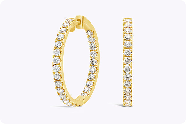 2.06 Carats Total Brilliant Round Shape Diamond Hoop Earrings in Yellow Gold