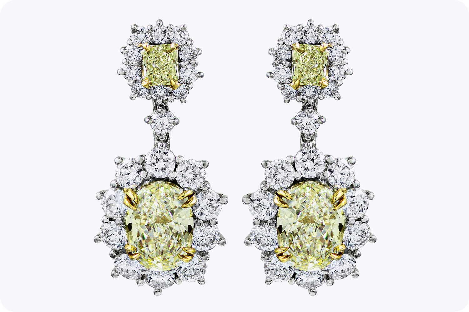 6.15 Carat Fancy Yellow Diamond Halo Flower Dangle Earrings in White Gold